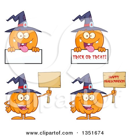 Clipart of Cartoon Halloween Pumpkin Character Wearing a Witch Hat, in Different Poses with Signs - Royalty Free Vector Illustration by Hit Toon