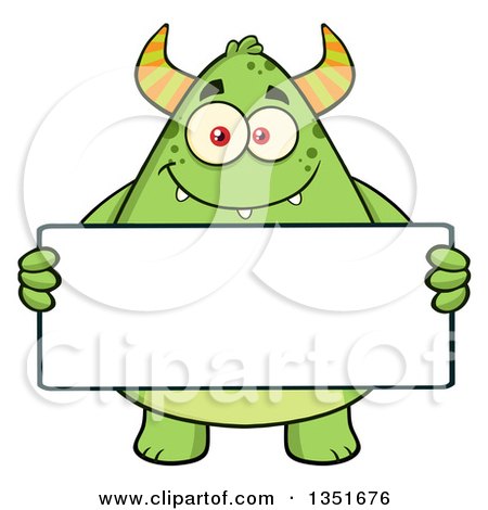 Clipart of a Cartoon Chubby Green Horned Monster Holding a Blank Sign - Royalty Free Vector Illustration by Hit Toon