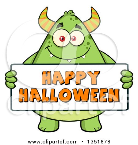 Clipart of a Cartoon Chubby Green Horned Monster Holding a Happy Halloween Sign - Royalty Free Vector Illustration by Hit Toon