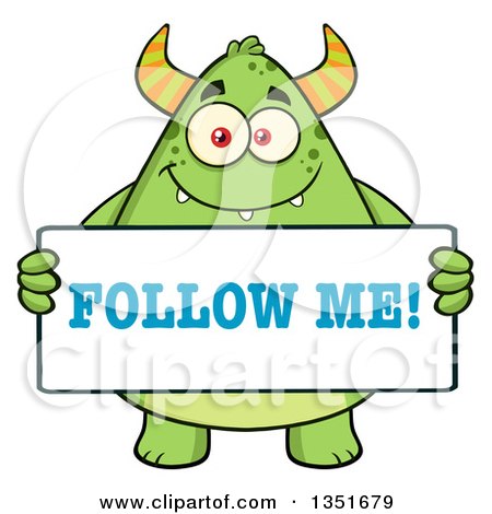 Clipart of a Cartoon Chubby Green Horned Monster Holding a Follow Me Sign - Royalty Free Vector Illustration by Hit Toon