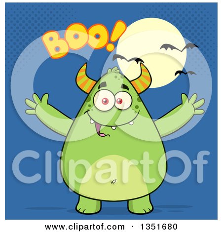 Clipart of a Cartoon Chubby Green Horned Monster with Open Arms Under Boo Halloween Text, a Full Moon and Bats on Blue - Royalty Free Vector Illustration by Hit Toon