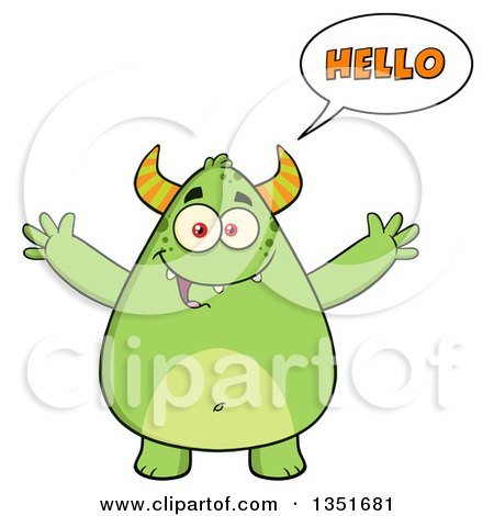 Clipart of a Cartoon Talking Chubby Green Horned Monster Saying Hello with Open Arms - Royalty Free Vector Illustration by Hit Toon