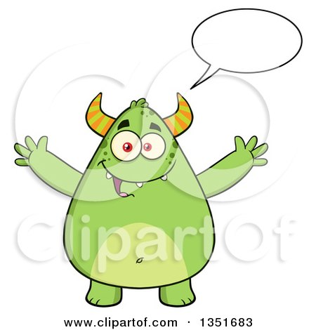 Clipart of a Cartoon Talking Chubby Green Horned Monster with Open Arms - Royalty Free Vector Illustration by Hit Toon
