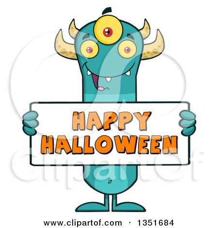 Clipart of a Turquoise, Three Eyed, Horned Monster Holding a Happy Halloween Sign - Royalty Free Vector Illustration by Hit Toon