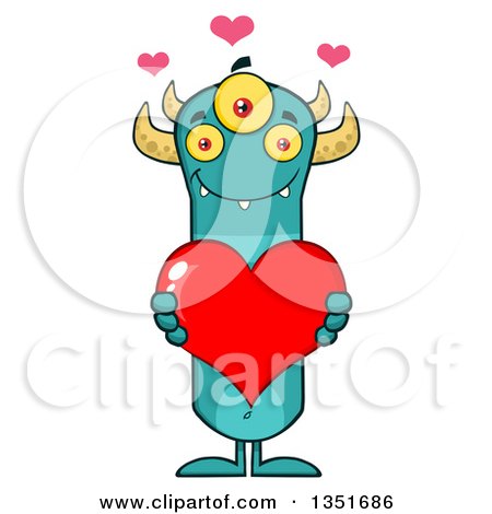 Clipart of a Turquoise, Three Eyed, Horned Monster Holding a Valentines Day Heart - Royalty Free Vector Illustration by Hit Toon