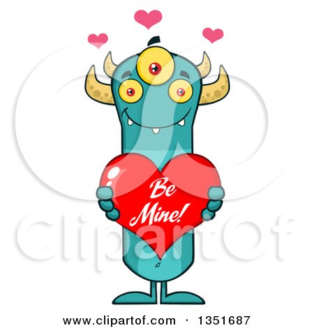 Clipart of a Turquoise, Three Eyed, Horned Monster Holding a Be Mine Valentines Day Heart - Royalty Free Vector Illustration by Hit Toon