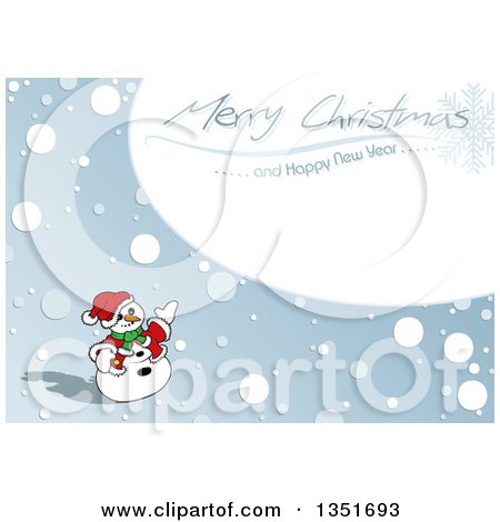 Clipart of a Snowman Presenting a Merry Christmas and Happy New Year Greeting in the Snow - Royalty Free Vector Illustration by dero
