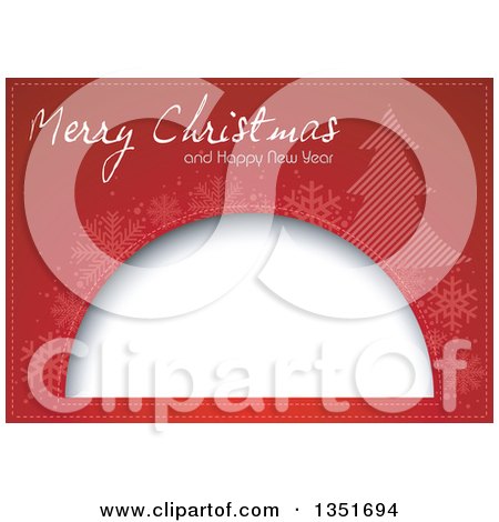 Clipart of a Merry Christmas and Happy New Year Greeting with Snowflakes and a Tree Around a Frame on Red - Royalty Free Vector Illustration by dero