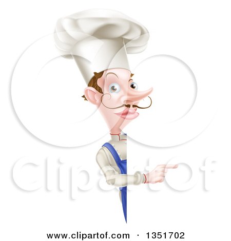 Clipart of a White Male Chef with a Curling Mustache, Pointing Around a Sign - Royalty Free Vector Illustration by AtStockIllustration