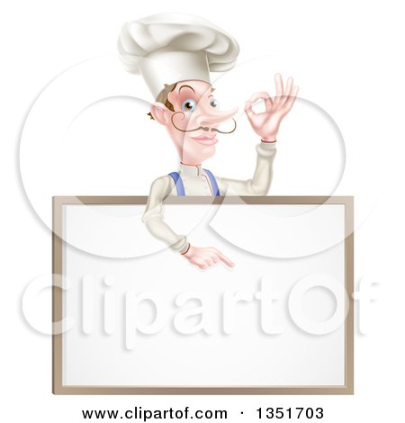 Clipart of a White Male Chef with a Curling Mustache, Gesturing Ok and Pointing down at a Blank White Menu Board - Royalty Free Vector Illustration by AtStockIllustration