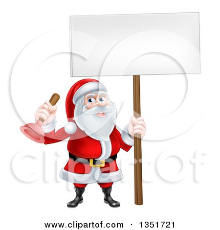 Clipart of a Happy Plumber Christmas Santa Claus Holding a Plunger and Blank Sign 2 - Royalty Free Vector Illustration by AtStockIllustration