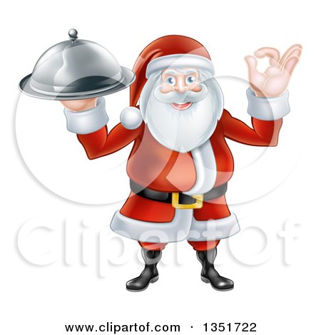 Clipart of a Happy Christmas Santa Claus Gesturing Ok and Holding a Food Cloche Platter - Royalty Free Vector Illustration by AtStockIllustration