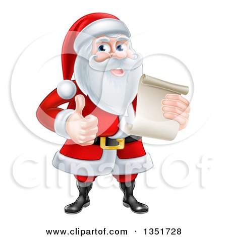 Clipart of a Cartoon Happy Christmas Santa Claus Holding a Parchment Scroll and Giving a Thumb up - Royalty Free Vector Illustration by AtStockIllustration
