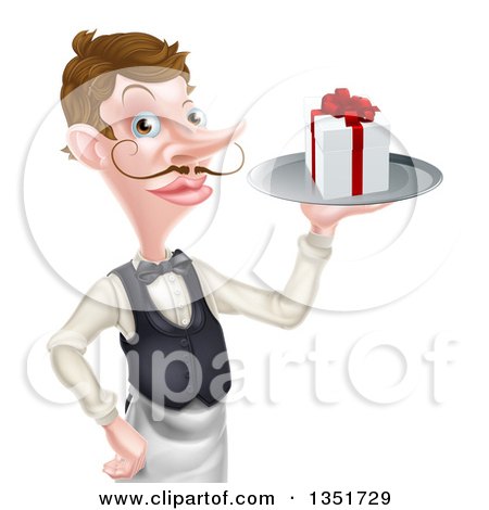 Clipart of a Cartoon Caucasian Male Waiter with a Curling Mustache, Holding a Gift on a Platter - Royalty Free Vector Illustration by AtStockIllustration