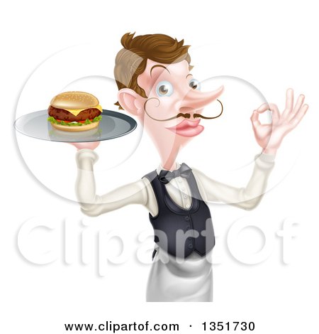 Clipart of a Cartoon Caucasian Male Waiter with a Curling Mustache, Holding a Cheeseburger on a Platter and Gesturing Ok - Royalty Free Vector Illustration by AtStockIllustration