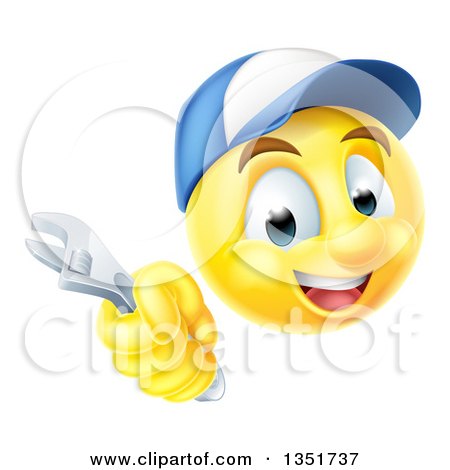 Clipart of a 3d Yellow Male Smiley Emoji Emoticon Plumber or Mechanic Face Holding an Adjustable Wrench - Royalty Free Vector Illustration by AtStockIllustration