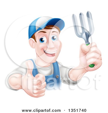 Clipart of a Middle Aged Brunette White Male Gardener in Blue, Holding a Garden Fork and Thumb up - Royalty Free Vector Illustration by AtStockIllustration