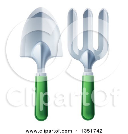 Clipart of a Green Handled Garden Fork and Trowel - Royalty Free Vector Illustration by AtStockIllustration