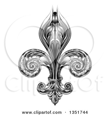 Clipart of a Black and White Vintage Engraved Fleur De Lis - Royalty Free Vector Illustration by AtStockIllustration