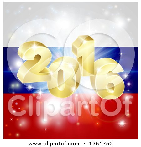 Clipart of a 3d Gold 2016 Burst and Fireworks over a Russian Flag - Royalty Free Vector Illustration by AtStockIllustration