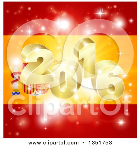 Clipart of a 3d Gold 2016 Burst and Fireworks over a Spanish Flag - Royalty Free Vector Illustration by AtStockIllustration