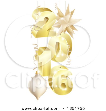 Clipart of a 3d Suspended Gold 2016 New Year Numbers with Ornaments and Ribbons - Royalty Free Vector Illustration by AtStockIllustration