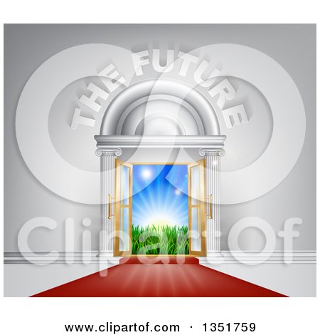 Clipart of 3d the Future Text over a Door with a Red Carpet, Sunshine and Grass - Royalty Free Vector Illustration by AtStockIllustration