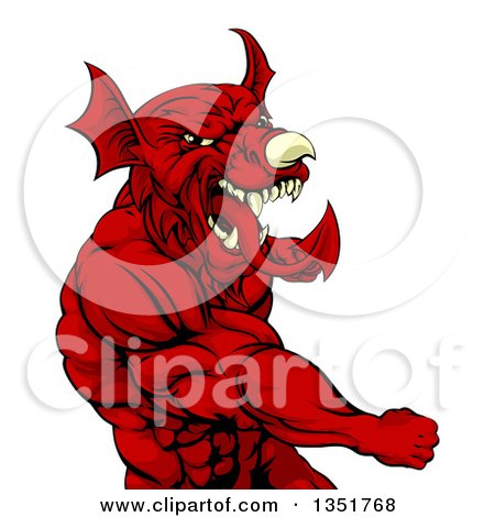 Clipart of a Muscular Fighting Red Welsh Dragon Man Punching - Royalty Free Vector Illustration by AtStockIllustration