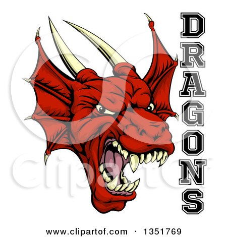 Clipart of a Roaring Red Horned Dragon Mascot Face with Text - Royalty Free Vector Illustration by AtStockIllustration