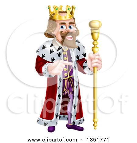 Clipart of a Happy Caucasian King Holding a Staff and Pointing to the Right - Royalty Free Vector Illustration by AtStockIllustration