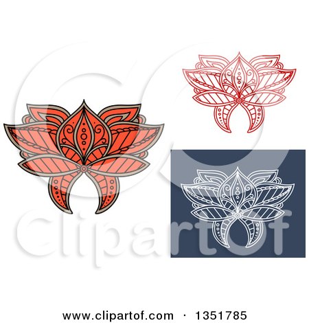 Clipart of Beautiful Ornate Orange, Tan White on Blue and Colored Henna Lotus Flowers - Royalty Free Vector Illustration by Vector Tradition SM