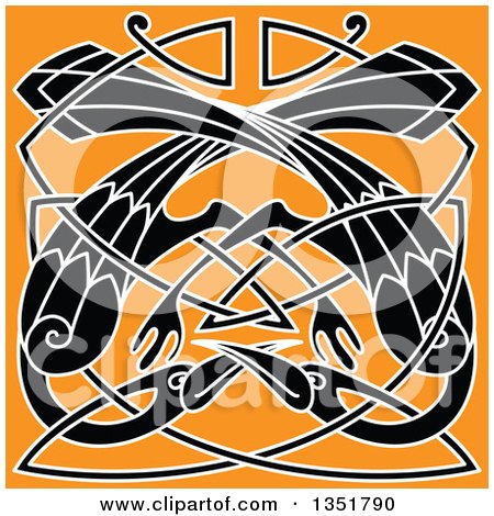 Clipart of Black and White Celtic Knot Crane or Heron Design on Orange - Royalty Free Vector Illustration by Vector Tradition SM