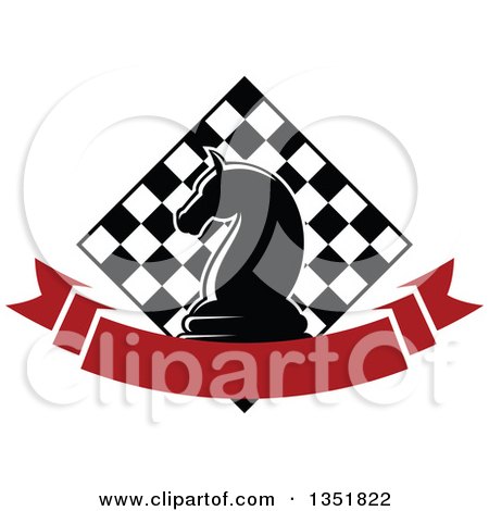 Clipart of a Chess Knight Horse Head Piece over a Checker Board and Blank Red Ribbon Banner - Royalty Free Vector Illustration by Vector Tradition SM
