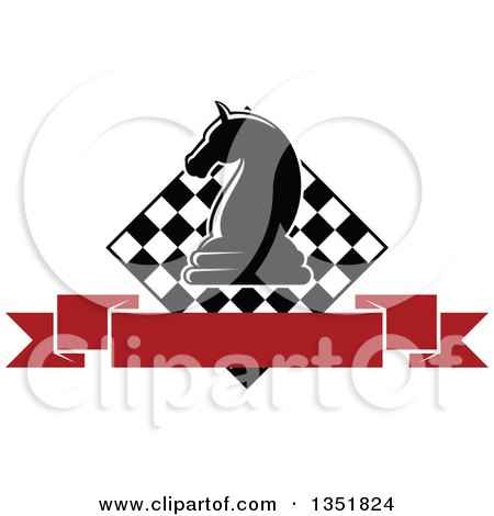 Clipart of a Chess Knight Piece over a Checker Board and Blank Red Ribbon Banner - Royalty Free Vector Illustration by Vector Tradition SM