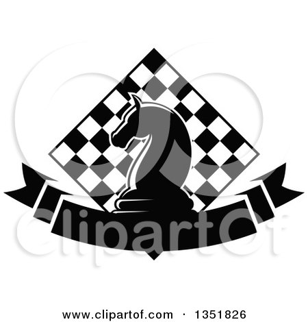 Clipart of a Black and White Chess Knight Horse Head Piece over a Checker Board and Blank Ribbon Banner - Royalty Free Vector Illustration by Vector Tradition SM