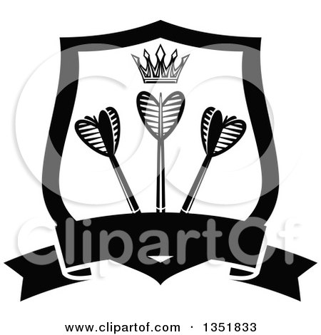 Clipart of a Black and White Shield with a Crown and Throwing Darts over a Blank Banner - Royalty Free Vector Illustration by Vector Tradition SM