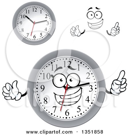 Clipart of a Cartoon Face, Hands and Wall Clocks - Royalty Free Vector Illustration by Vector Tradition SM