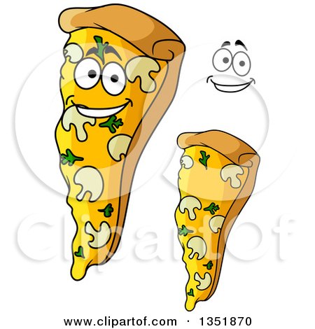 Clipart of a Cartoon Face, Hands and Pizza Slices with Mushrooms and Parsley - Royalty Free Vector Illustration by Vector Tradition SM