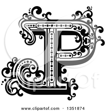 Clipart of a Retro Black and White Capital Letter P with Flourishes - Royalty Free Vector Illustration by Vector Tradition SM