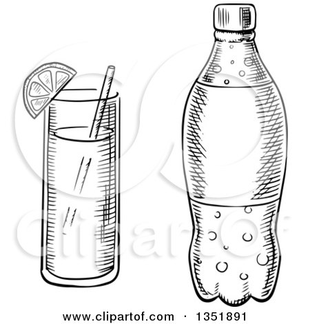 Clipart of a Black and White Sketched Soda Bottle and Cocktail - Royalty Free Vector Illustration by Vector Tradition SM