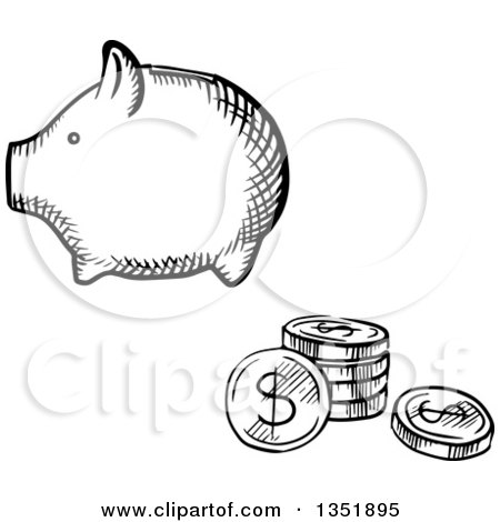Clipart of a Black and White Sketched Piggy Bank and Coins - Royalty Free Vector Illustration by Vector Tradition SM