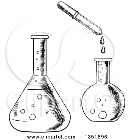 Clipart of Black and White Sketched Science Flasks and Dropper - Royalty Free Vector Illustration by Vector Tradition SM