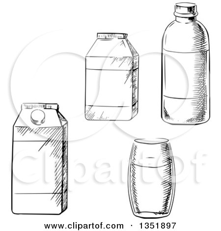 Clipart of a Black and White Sketched Glass, Bottles and Cartons - Royalty Free Vector Illustration by Vector Tradition SM
