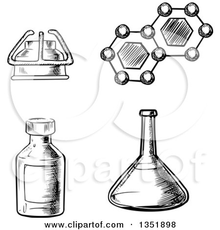 Clipart of a Black and White Sketched Laboratory Flask, Gas Burner, Bottle and Formula of Molecule - Royalty Free Vector Illustration by Vector Tradition SM