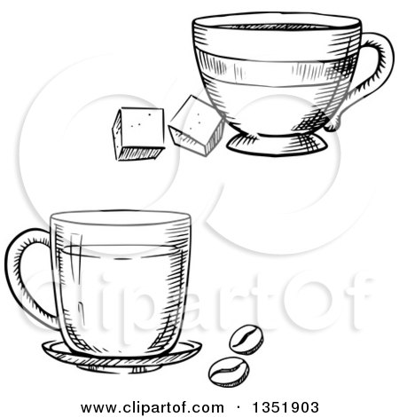 Clipart of Black and White Sketched Coffee and Tea Cups - Royalty Free Vector Illustration by Vector Tradition SM
