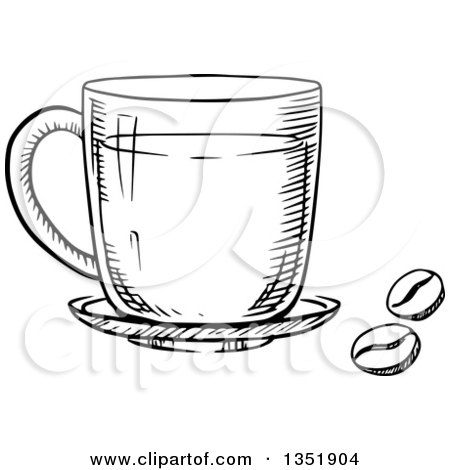 Clipart of a Black and White Sketched Coffee Cup and Beans - Royalty Free Vector Illustration by Vector Tradition SM