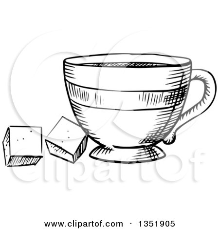 Clipart of a Black and White Sketched Tea Cup and Sugar Cubes - Royalty Free Vector Illustration by Vector Tradition SM