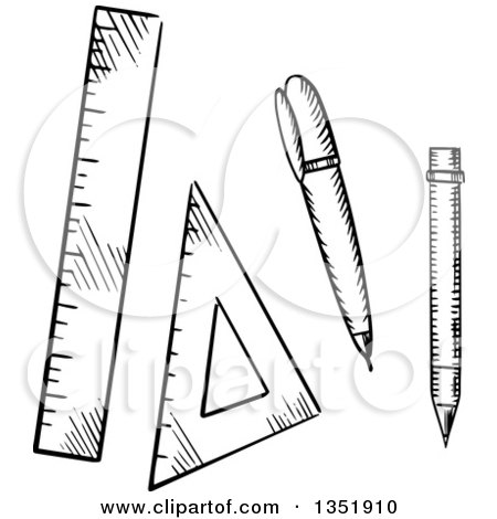 Clipart of a Black and White Sketched Pencil, Ballpoint Pen, Triangle and Ruler - Royalty Free Vector Illustration by Vector Tradition SM