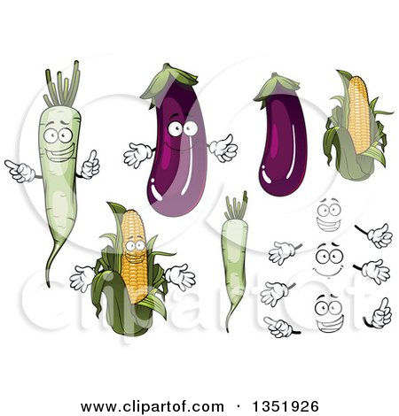 Clipart of Cartoon Faces, Hands, Eggplants, Daikon Radishes and Corn - Royalty Free Vector Illustration by Vector Tradition SM