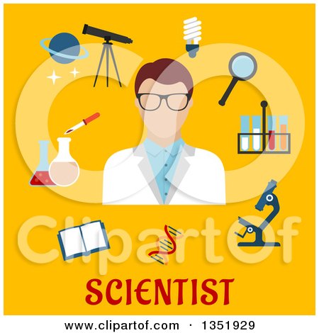 Clipart of a Flat Design Male Scientist Avatar with Tools over Text on Yellow - Royalty Free Vector Illustration by Vector Tradition SM